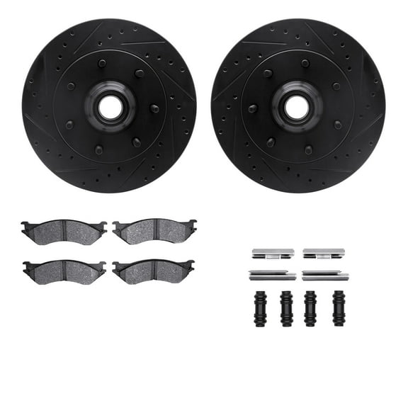 Dynamic Friction Company Front Brake Rotors-Drilled and Slotted-Black with Heavy Duty Brake Pads includes Hardware 8212-99136