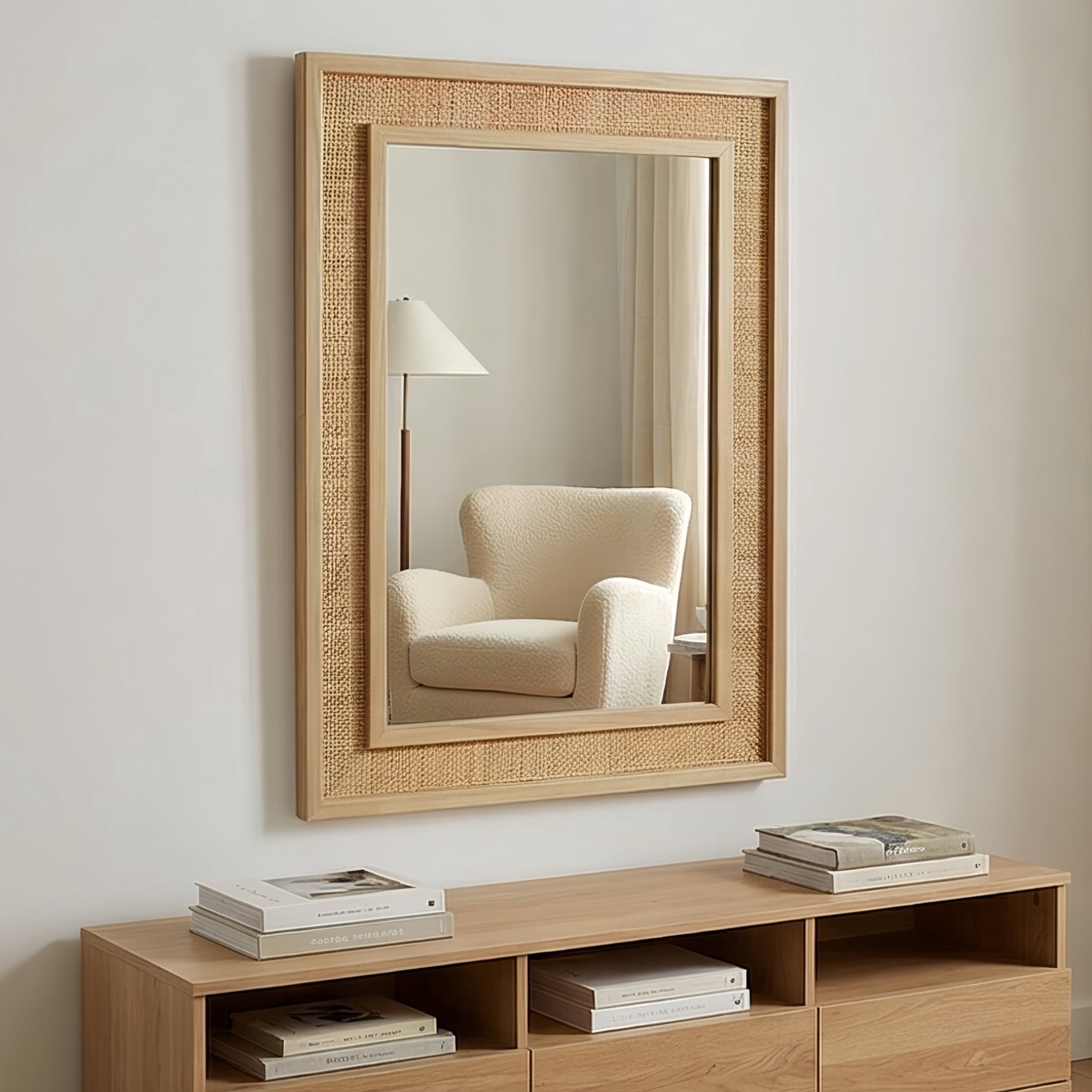 Noble House 24"x36" Rattan Rectangle Wall Mirror, Decorative Accent Bathroom Mirror with Solid Wood Frame, Natural Wood