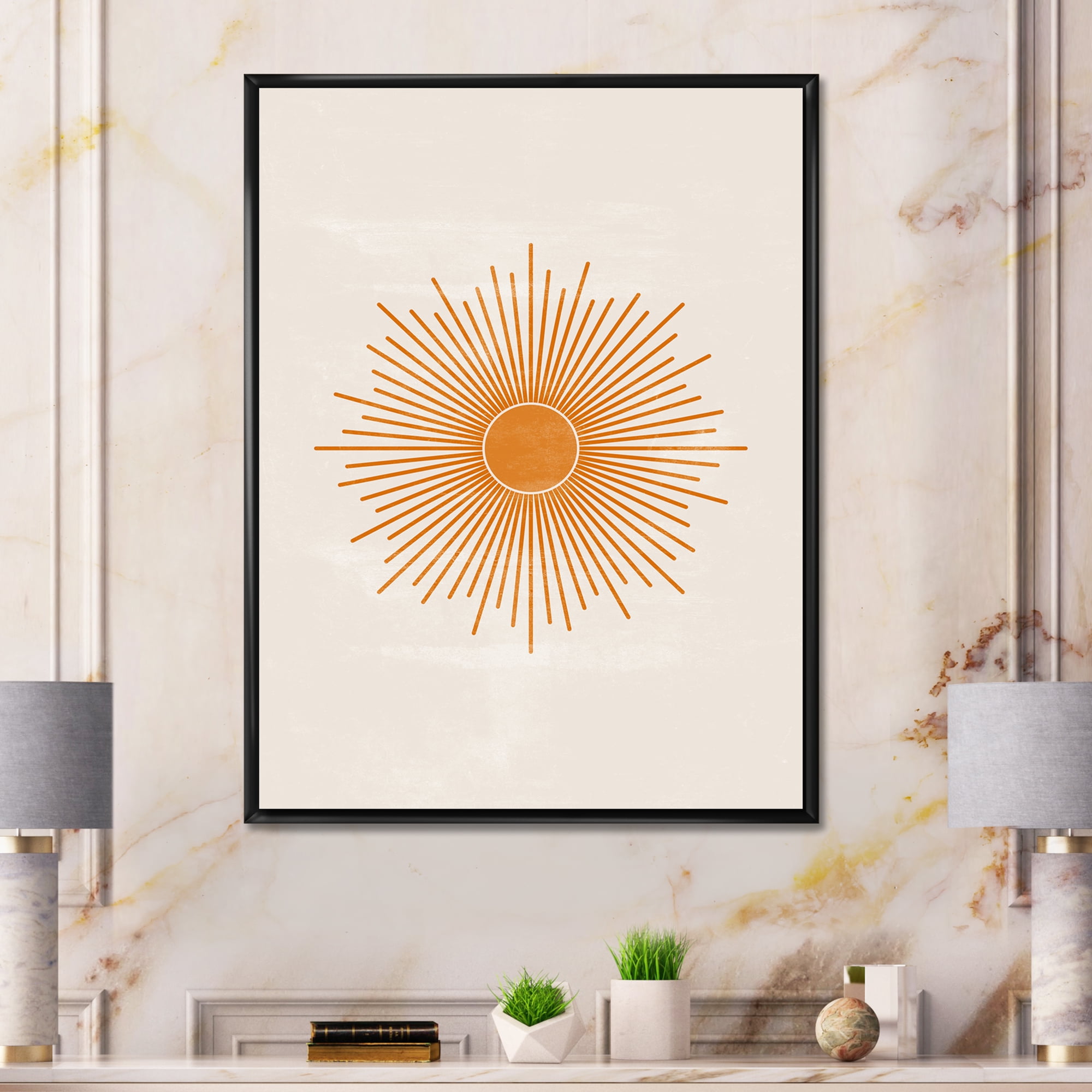 Designart 'Orange Sun Print On Beige II' Modern Framed Canvas Wall Art Print