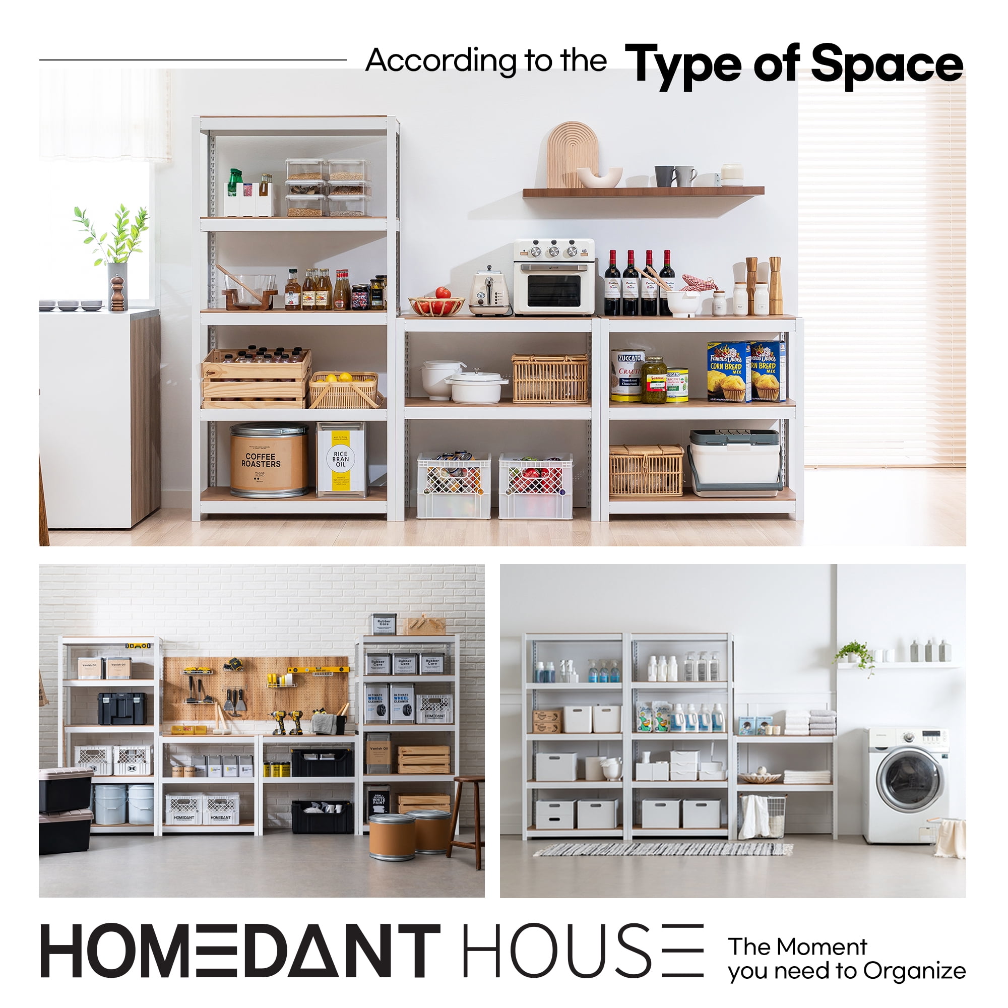 HOMEDANT House White 5 Tier 24.4" W Laminated Metal Shelving Unit Adjustable Storage Utility Rack Heavy Duty Shelves Organization Multipurpose Shelf Kitchen Garage Pantry Closet