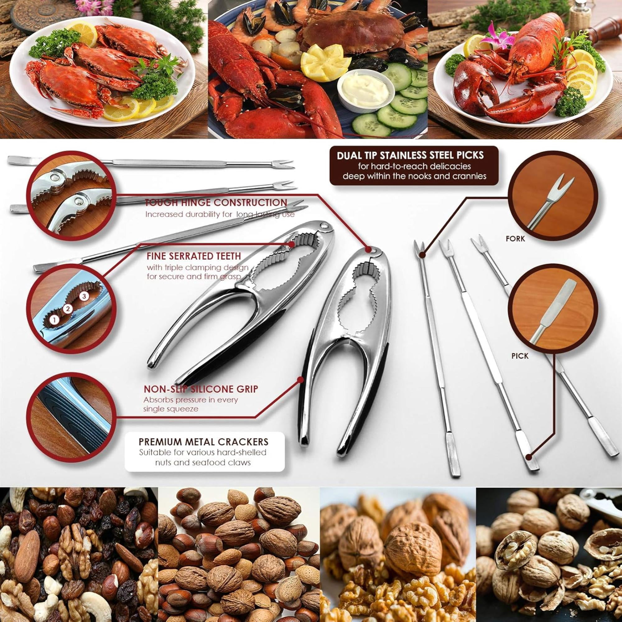 Premium Stainless Steel Lobster & Crab Crackers with Non‑Slip Grip – Includes Picks & Forks for Seafood Shell Cracking, Durable Metal Tools Set (2 Crackers + 6 Picks)