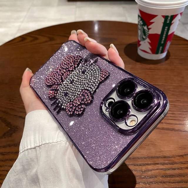 Funda para teléfono Hello Kitty con incrustaciones de diamantes galvanizados en polvo Flash para Iphone Xr Xs 11 12 13 14 15 Pro Max