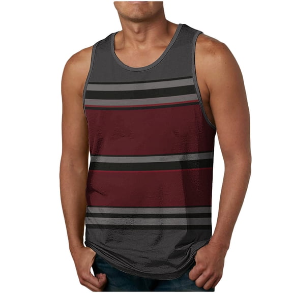 YUGYXL Mens Fashion Striped Print Tank Top Summer Sleeveless Round Neck Beach Tops Casual Loose Breathable Sport Tee Shirt Wine L