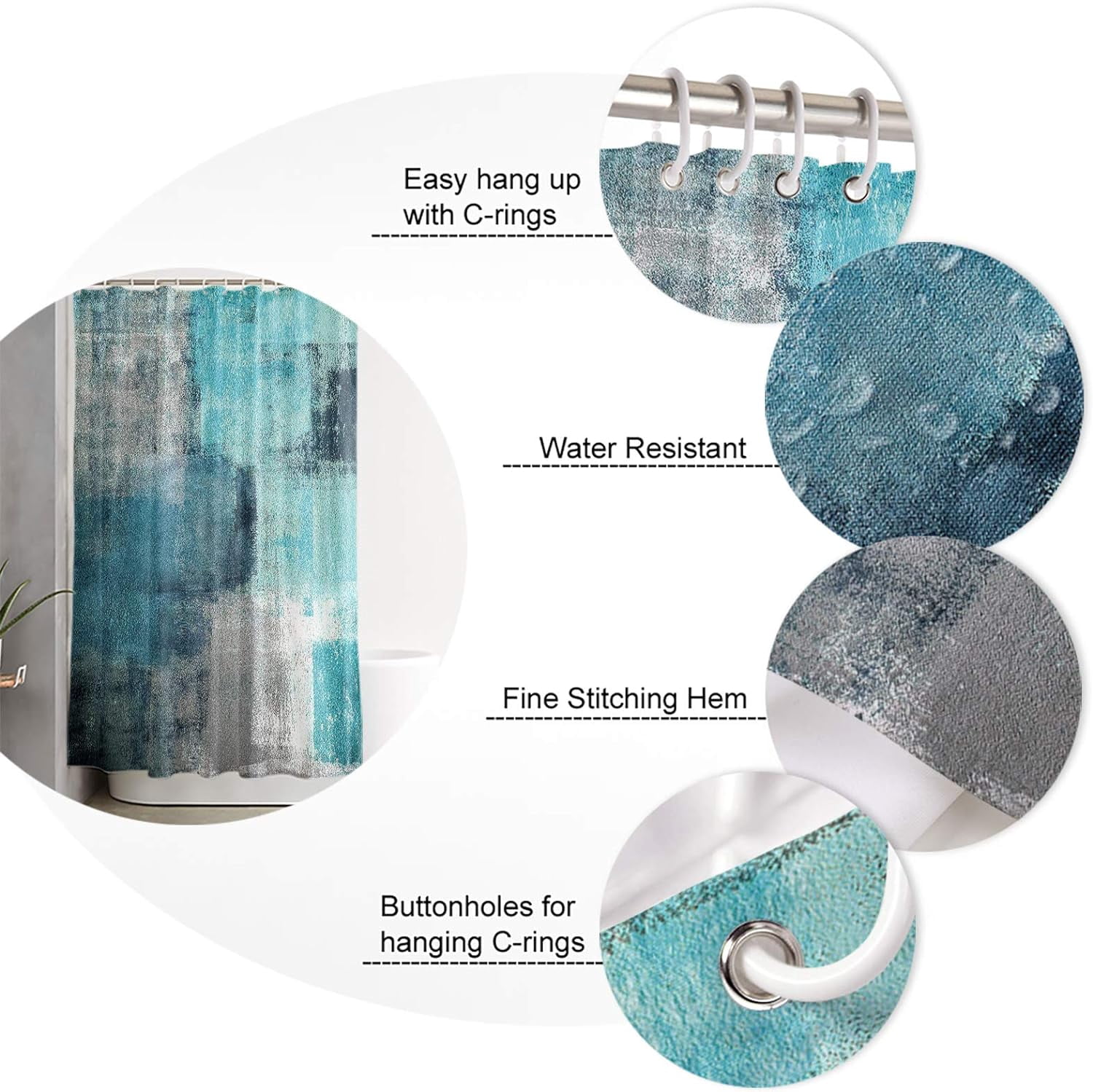 Turquoise Blue Grey Shower Curtain Lightweight Shower Curtains with 12 Hooks Turquoise and Grey Teal Abstract Art Painting Waterproof Bathroom Bath Curtain for Bathroom,Bathtub Decor 72 X 72 Inch