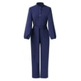 thumbnail image 6 of Jumpsuit Women Casual Jumpsuits Loose Fit Belted Dressy Long Sleeve Crewneck Autumn Jumpsuit Long Wide Legs Formal Rompers,Blue Women'S Polyester Jumpsuit XL, 6 of 7