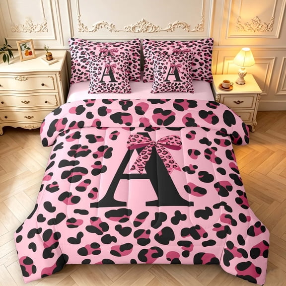 Manfei Leopard Print Initial A 7-Piece Twin Bedding,Dreamy Bow Bedding Comforter Set,Pink,Pink Reversible