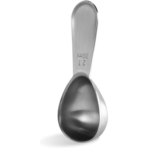 Stainless Steel Coffee Scoop 2 Tablespoon Measure: Short Handle Scooper for Ground Coffee Beans, Fits Canisters, Engraved US/Metric Marks, Silver