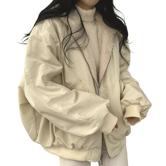Lady Winter Coat Thick Fleece Lining Loose Hooded Long Sleeves Solid Color Double-sided Wear Zipper Closure Work Dating Travel Jacket