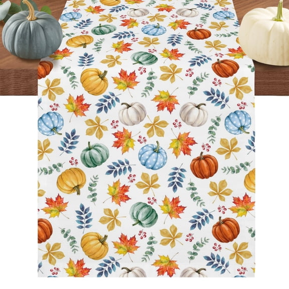 Thanksgiving Fall Table Runner 72 Inches Long, Blue Pumpkin Maple Leaves Botanical Cotton Linen Table Runners Dresser Scarves, Fabric Tabletop Scarf Furniture Cover for Dinner Party 13"x72"