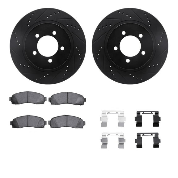 Dynamic Friction Company Front Brake Rotors-Drilled and Slotted-Black with Heavy Duty Brake Pads includes Hardware 8212-99175