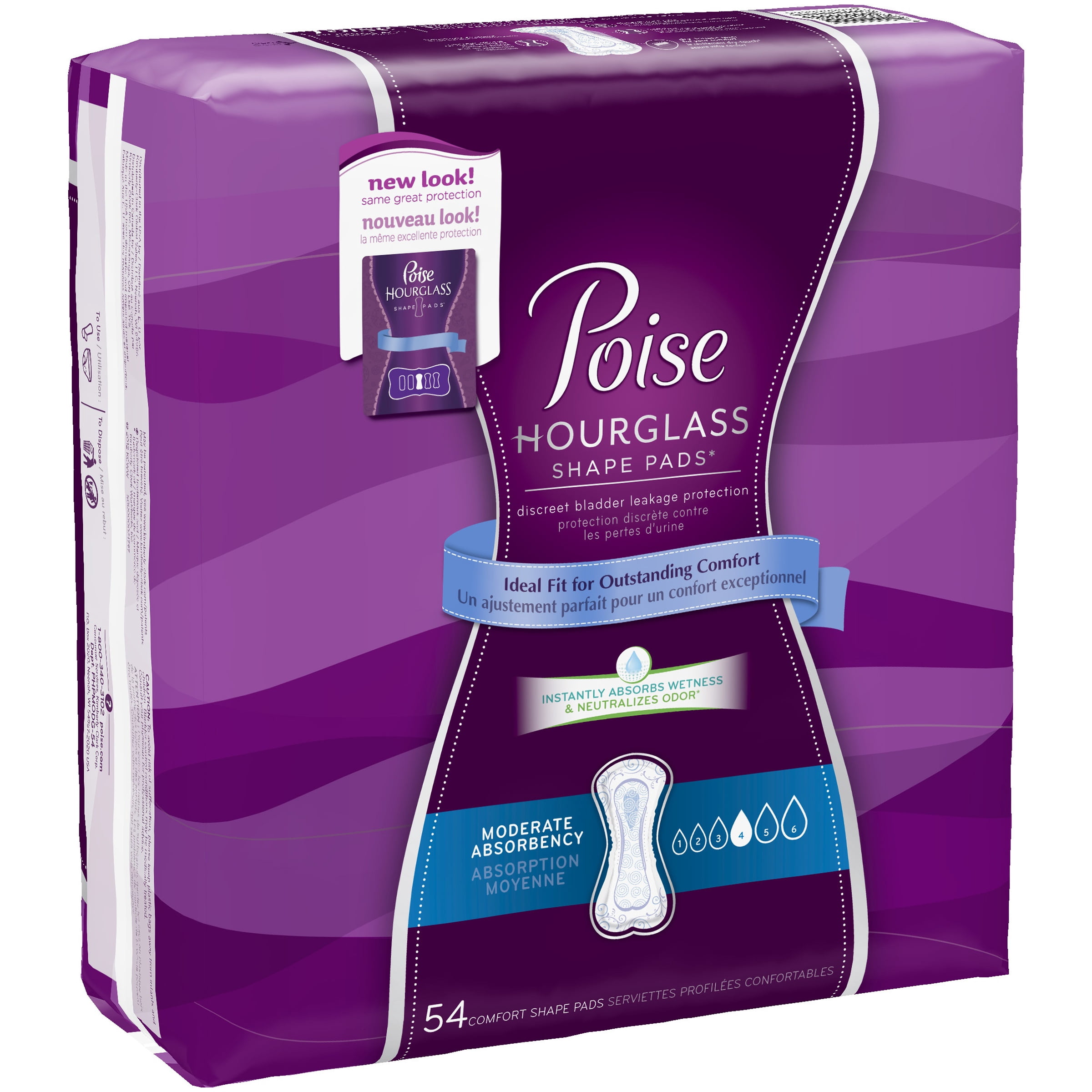 Poise Hourglass Shape, Moderate Absorbency Incontinence Pads, Regular Length sz 4 54 ct.