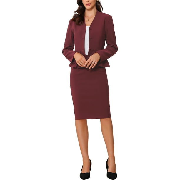 Conjuntos de trajes para mujeres INSPIRE CHIC, atuendos de negocios, blazer peplum sin cuello, falda lápiz formal, conjunto de 2 piezas, color burdeos