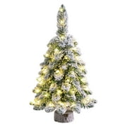 18 Pre-lit Mini Christmas Tree, Snowy Small Xmas Tree with LED Lights, Wood Base Flocked Artificial Lighted Tabletop Christmas Tree for Home Office Desktop Decor