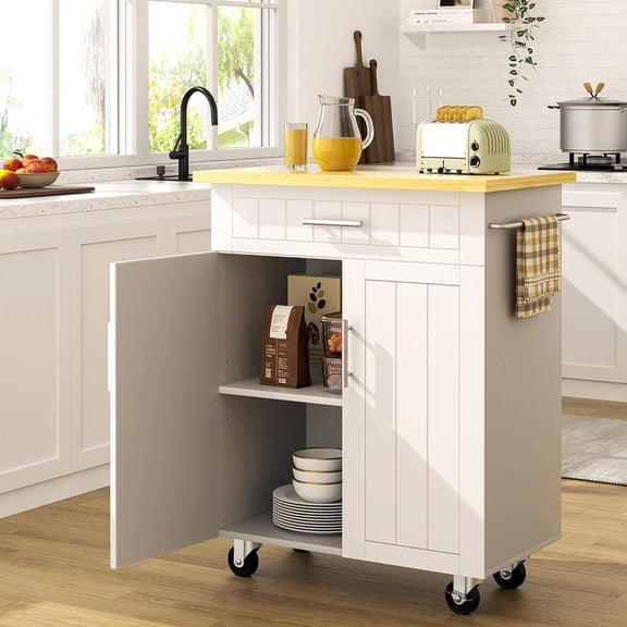 Rolling Kitchen Island Cart with Storage, Drawer, and Open Shelves – 26" Portable Cart with Lockable Wheels for Kitchen, Dining Room, or Living Room (White)