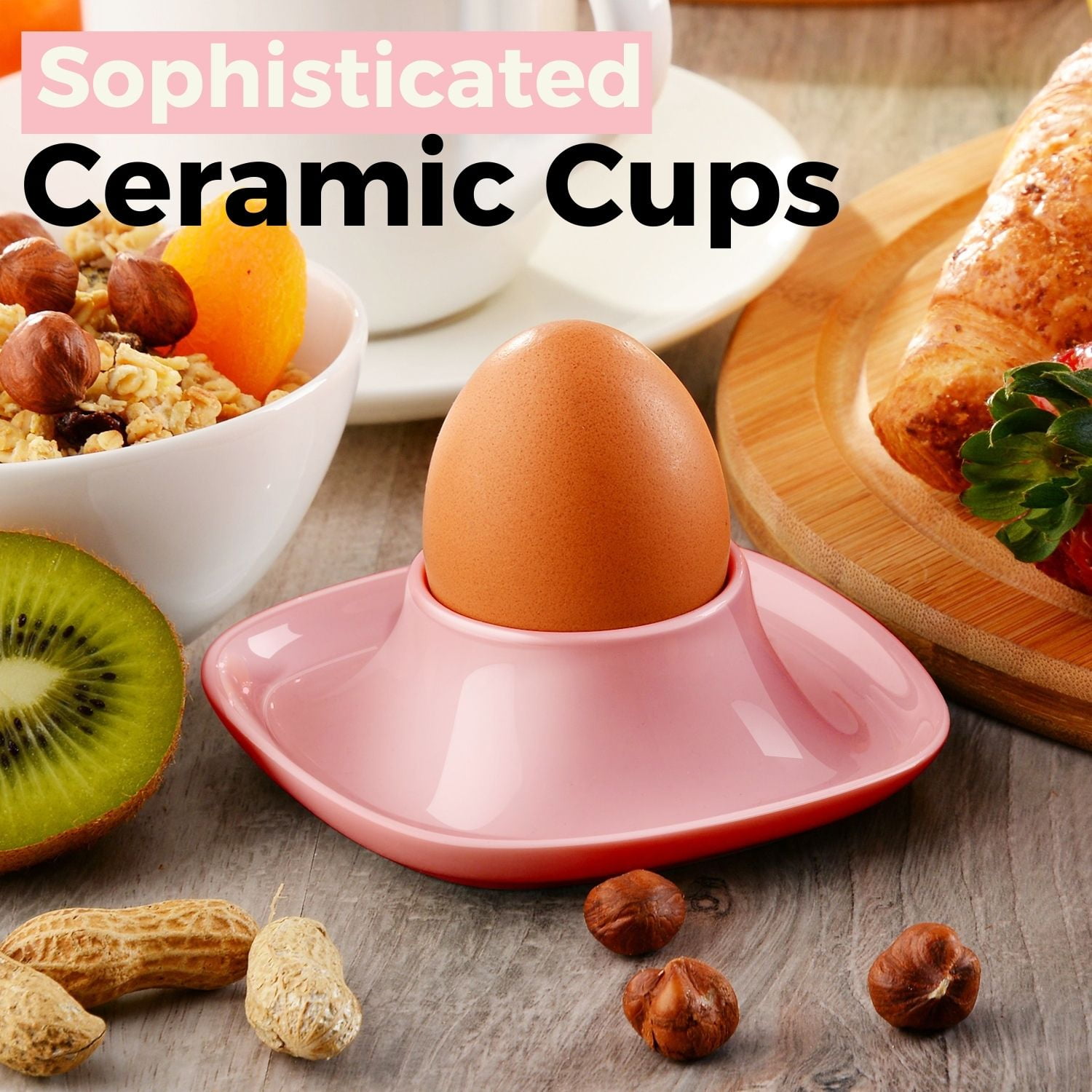 Ceramic Egg Cups Set of 4 Pack, Porcelain Hard Soft Boiled Egg Holder Keeper Container w/ Base, Stackable Serving Dish Plate Stand Serveware for Countertop Display Kitchen (Pink)