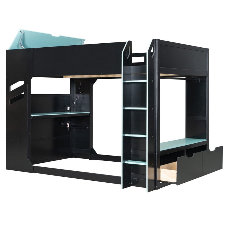 Full Size Wood Loft Bed with Height Adjustable Desk, RGB LED Lights & Storage Drawers, Gaming Loft Bed Frame with Headboard Cabinet, Hanging Rod for Bedroom