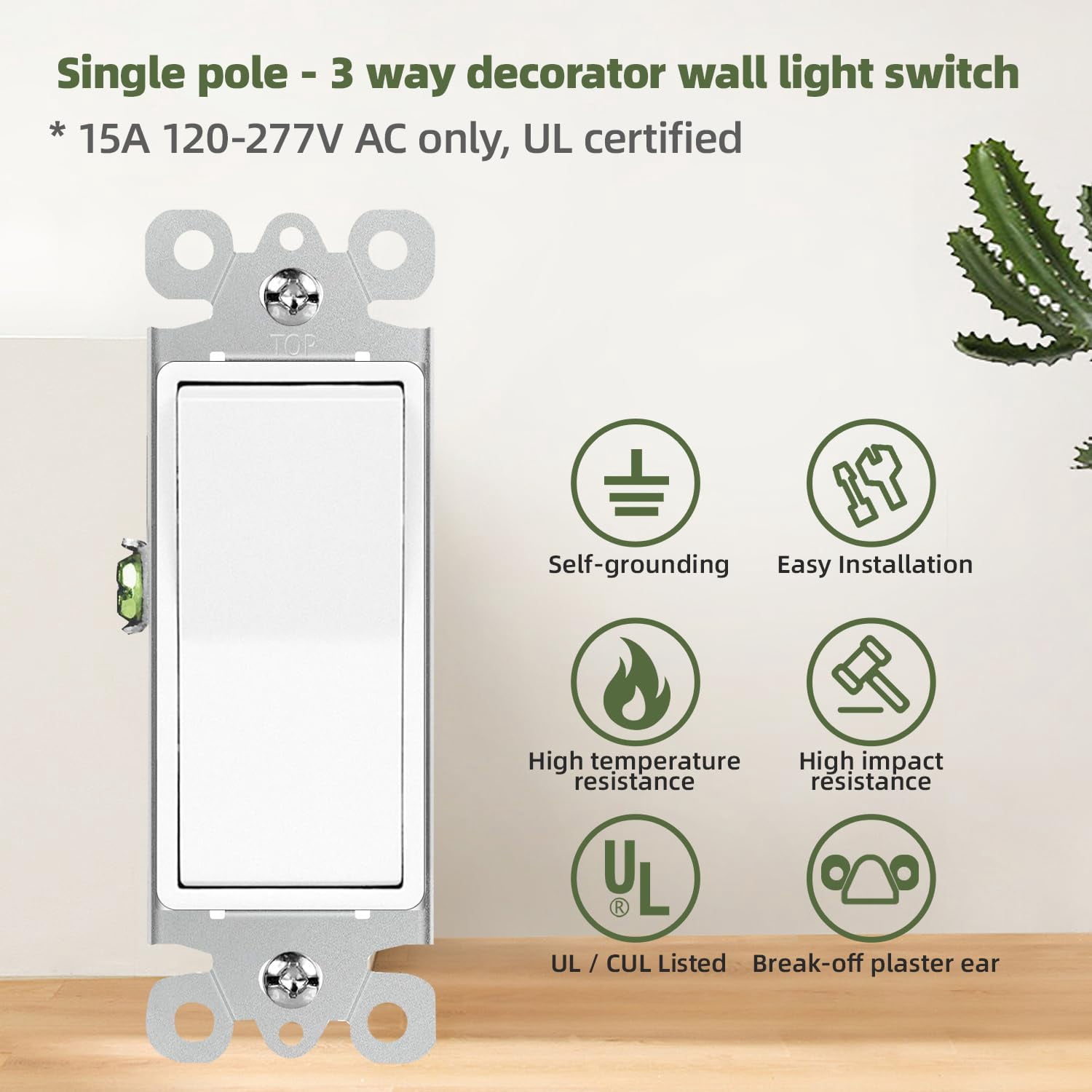 KYascend 3-Way Decorator Wall Light Switch Residential Grade Paddle Rocker, 3 Wires Grounding Screw Single Pole/Three Way 15A 120V/277V UL Listed ,10 PACK