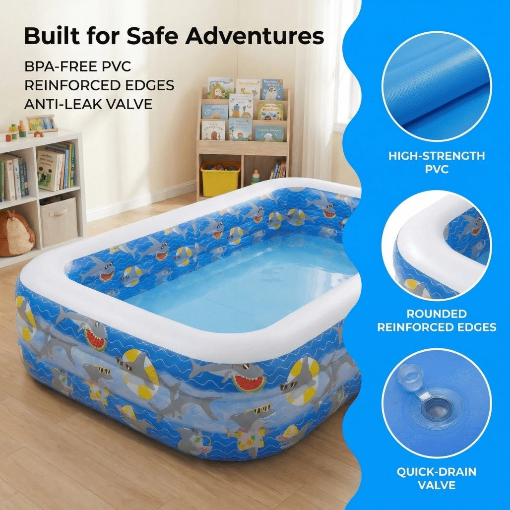 3-Ring Rectangular Inflatable Kiddie Pool with Shark Pattern, BPA-Free Family Swimming Pool for Backyard, Garden & Indoor Summer Fun