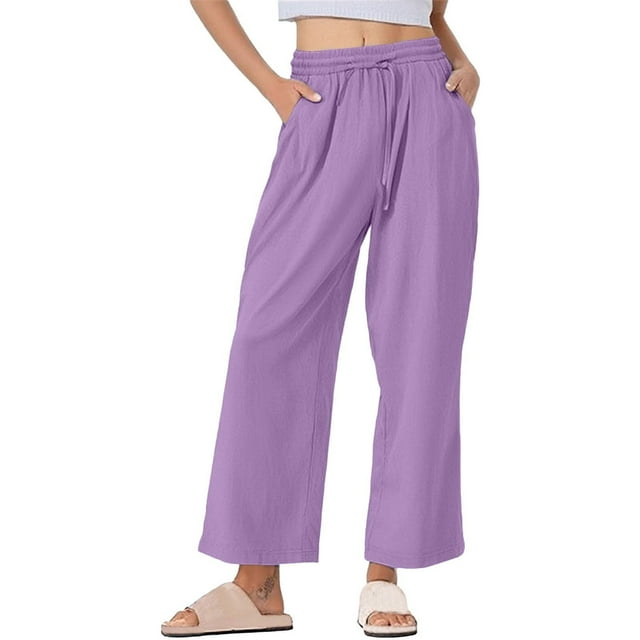 Chbgutlmr Womens Pants Plus Size Cotton Linen Lightweight Casual Pants Drawstring Loose Straight Leg Trousers