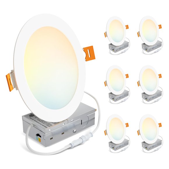 LVWIT 6 Pack 8 Ince LED Recessed Light, 18W 5CCT Ultra-Thin Dimmable Can Lights with Junction Box, High Brightness Canless Wafer Downlight for Kitchen Hallway Dining