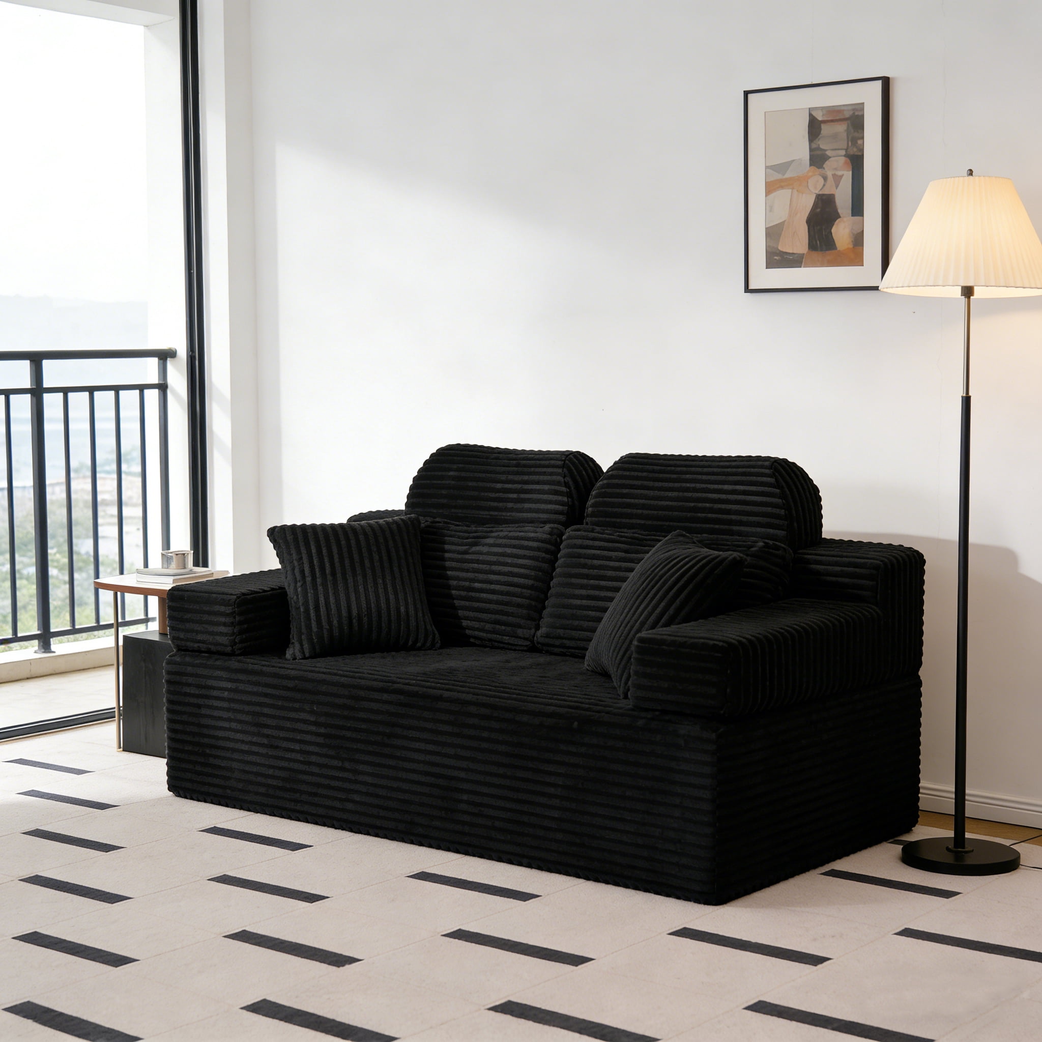 71" High Backrest Sofa for Small Spaces, Compressed Corduroy Couch with Deep Seating for Living Room, Bedroom, Black