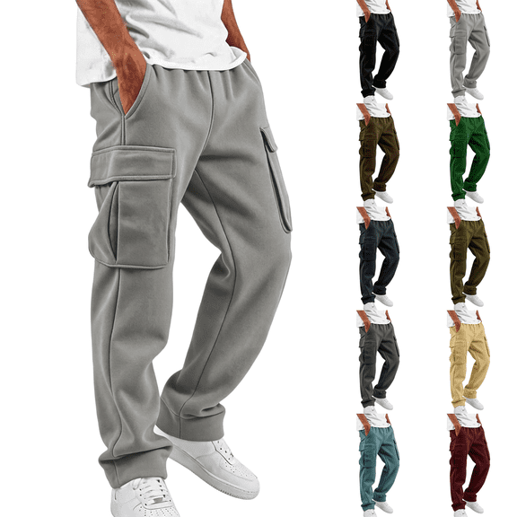 Mens Fleece Cargo Sweatpants Heavyweight Elastic Waist Pants with Pockets Baggy Drawstring Jogger Pants Light Gray 3XL