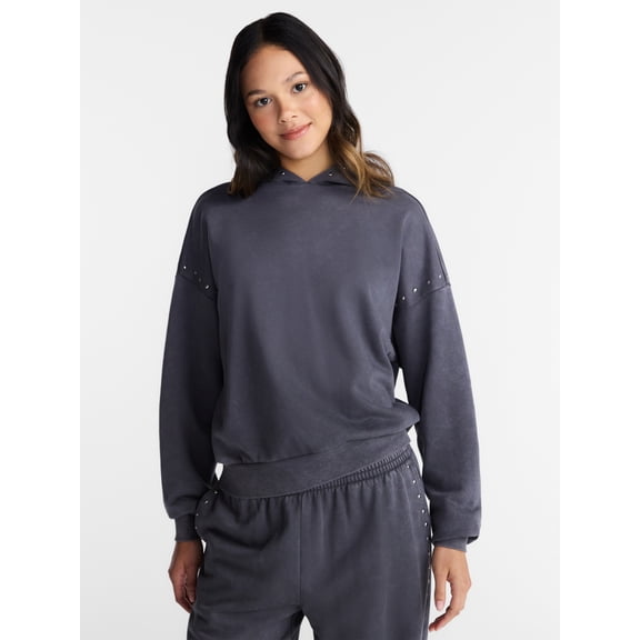 No Boundaries Mineral Wash Studded Fleece Oversized Hoodie, Women's XXS-XXL