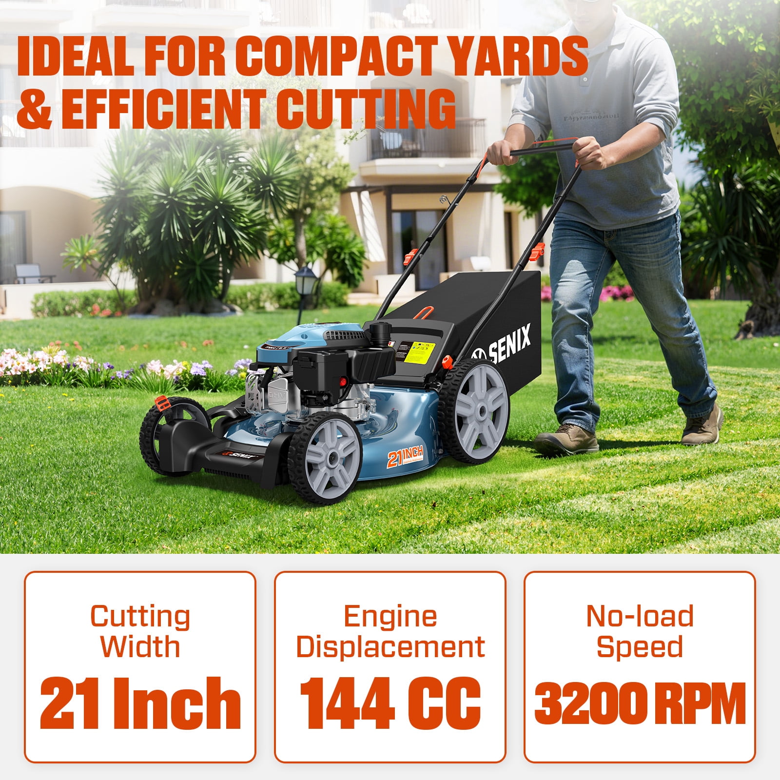 SENIX Gas Lawn Mower 21in Cutting Blade 22in Cutting Deck, 144cc 4-Cycle Engine, 3-In-1, 6-Height Adjustment, 11" Rear Wheels, LSPG-M14