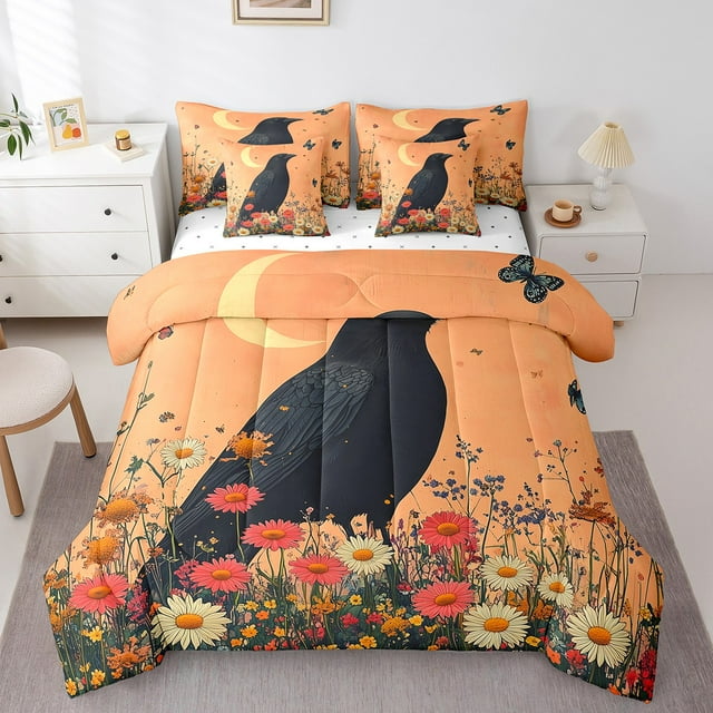 YST Ensemble de Douillette 7 Pcs pour Lit Simple, Corbeau Noir avec Fleur Rouge – Thème d'Halloween, Format Lit Simple