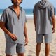 thumbnail image 2 of Conjunto de Pantalones Cortos para Hombre 2 Piezas Outfits Color Sólido Botón Cordón de Lino Camiseta con Capucha Y Pantalones Cortos de Playa, 2 of 9