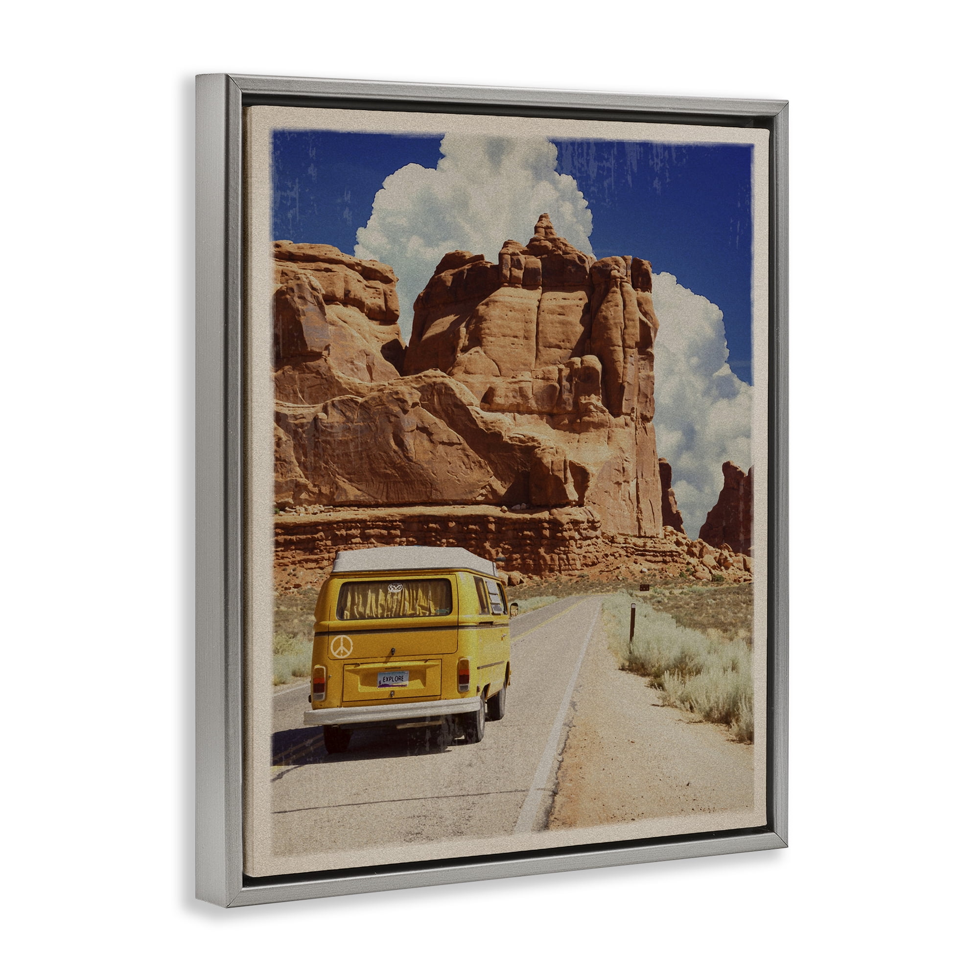 Retro Desert Adventure Gray Framed Floater Canvas Wall Art, design by Old Red Truck