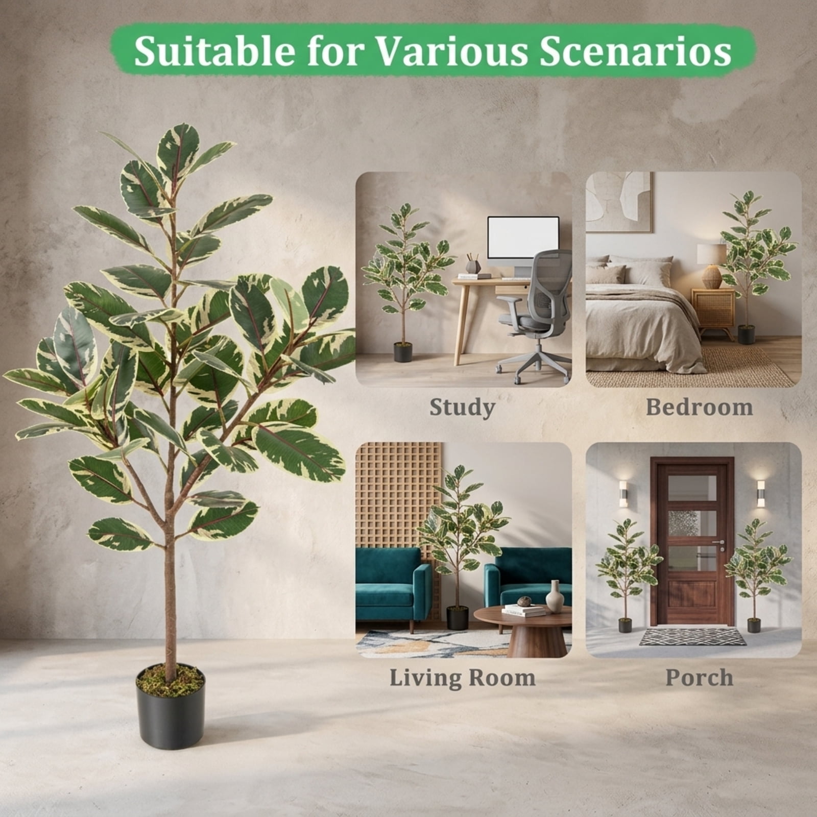 Vebreda 2-Pack 51-Inch Artificial Variegated Rubber Trees in Cement-Filled Pots, Faux Ficus Elastica Plants for Indoor Decoration