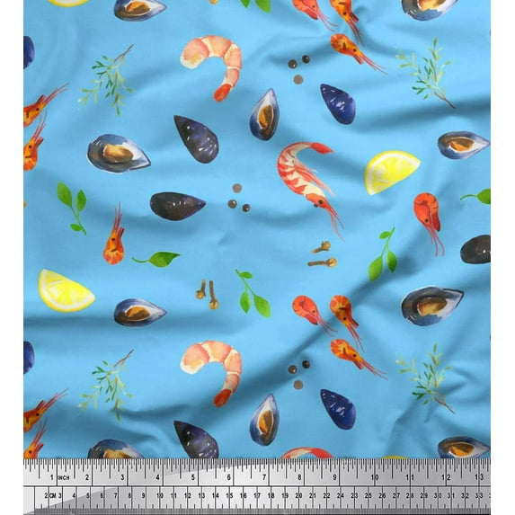 Soimoi Cotton Duck Fabric Gemstone,Lemon Slice & Prawns Food Print Fabric by the Yard 56 Inch Wide