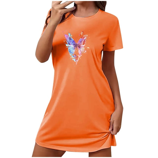 Mrat Chemise de Nuit avec Soutien-Gorge Intégré Robe de Nuit pour Femmes Manches Courtes Chemise de Nuit Décontractée Imprimée Robe de Nuit Ample Confortable Pyjama S-98 Orange TG