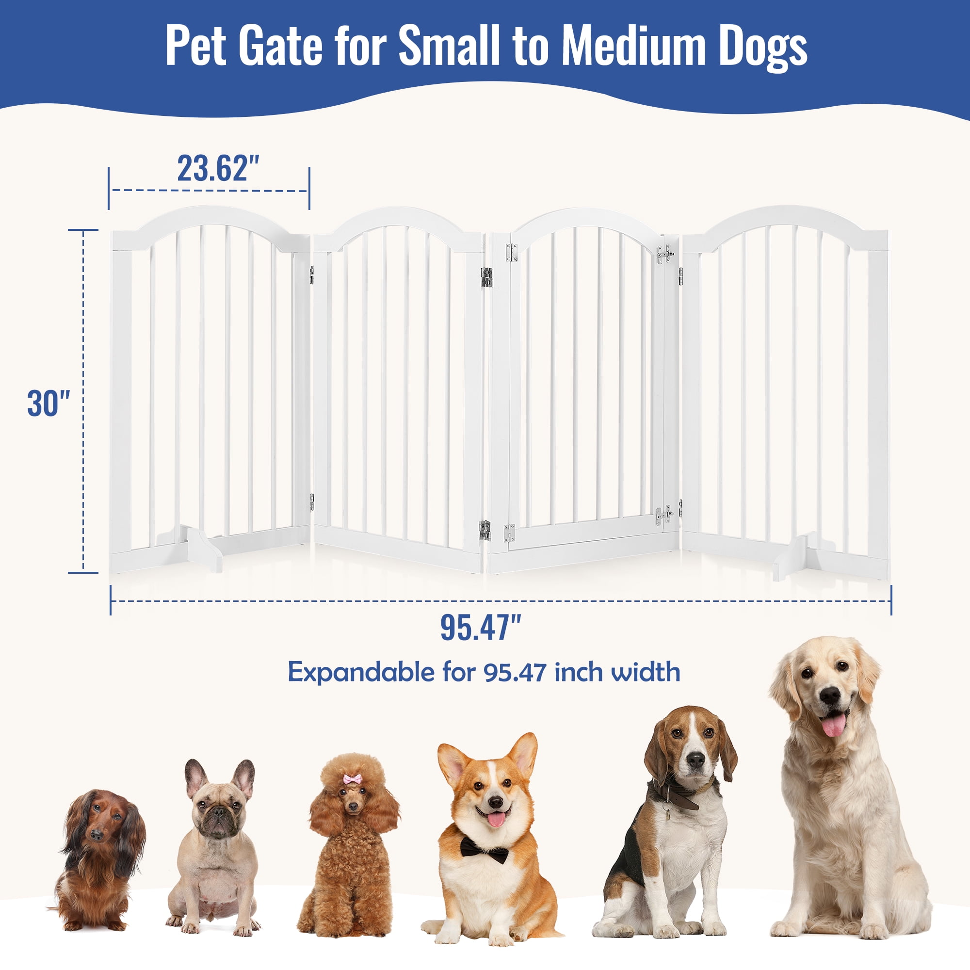 TrumanPick 30" H Extra Tall Dog Gates for Doorways, 4-Panel Foldable Pet Gate, 2 Support Feet Dog Fence for Stairs 95"L, White