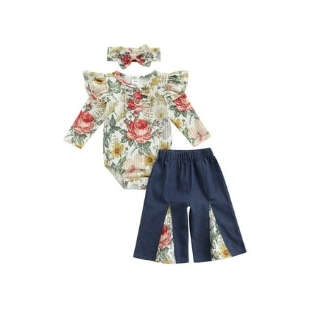 

Qiylii Baby Girls Fall Outfit Set Flower Print Ruffle Romper Flared Patchwork Pants Hairband