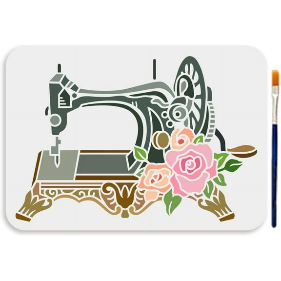 A4 Size Sewing Machine Painting Stencil Vintage Art Template 11.7x8.3inch Reusable Flower Floral Template Machine Gear Stencil for Painting on Wood Wall Fabric Home DIY Craft