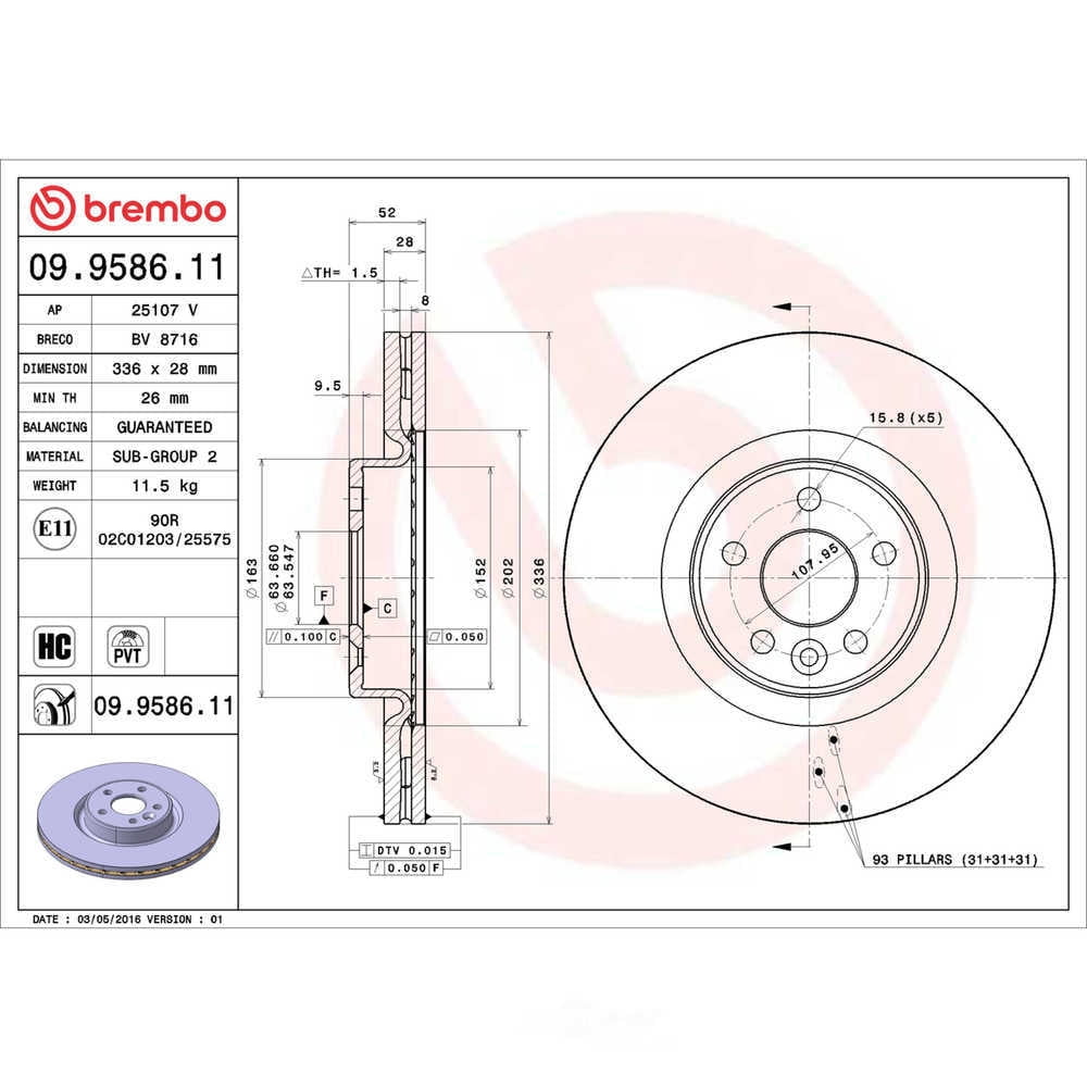 Brembo 09.9586.11 BRAKE ROTORS Fits select: 2012-2014 VOLVO S60 T5, 2015-2016 VOLVO S60 PREMIER