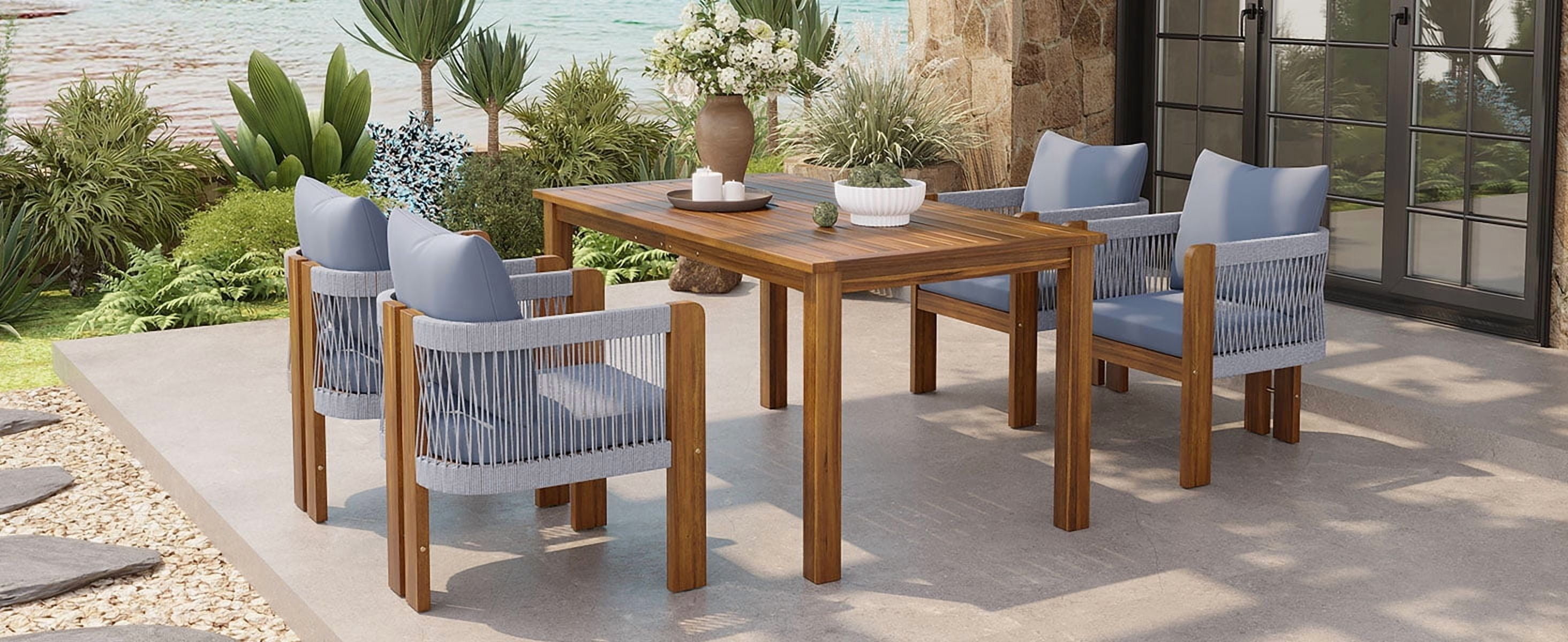 Mintazer 63" 5-Piece Outdoor Dining Set with Rope Woven High Back Chairs & Cushions, Farmhouse Dining Furniture Set for Garden Backyard Poolside, Brown & Gray