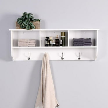 White Entryway Wall Mounted Coat Rack w/4 Dual Hooks Wooden Storage Shelf