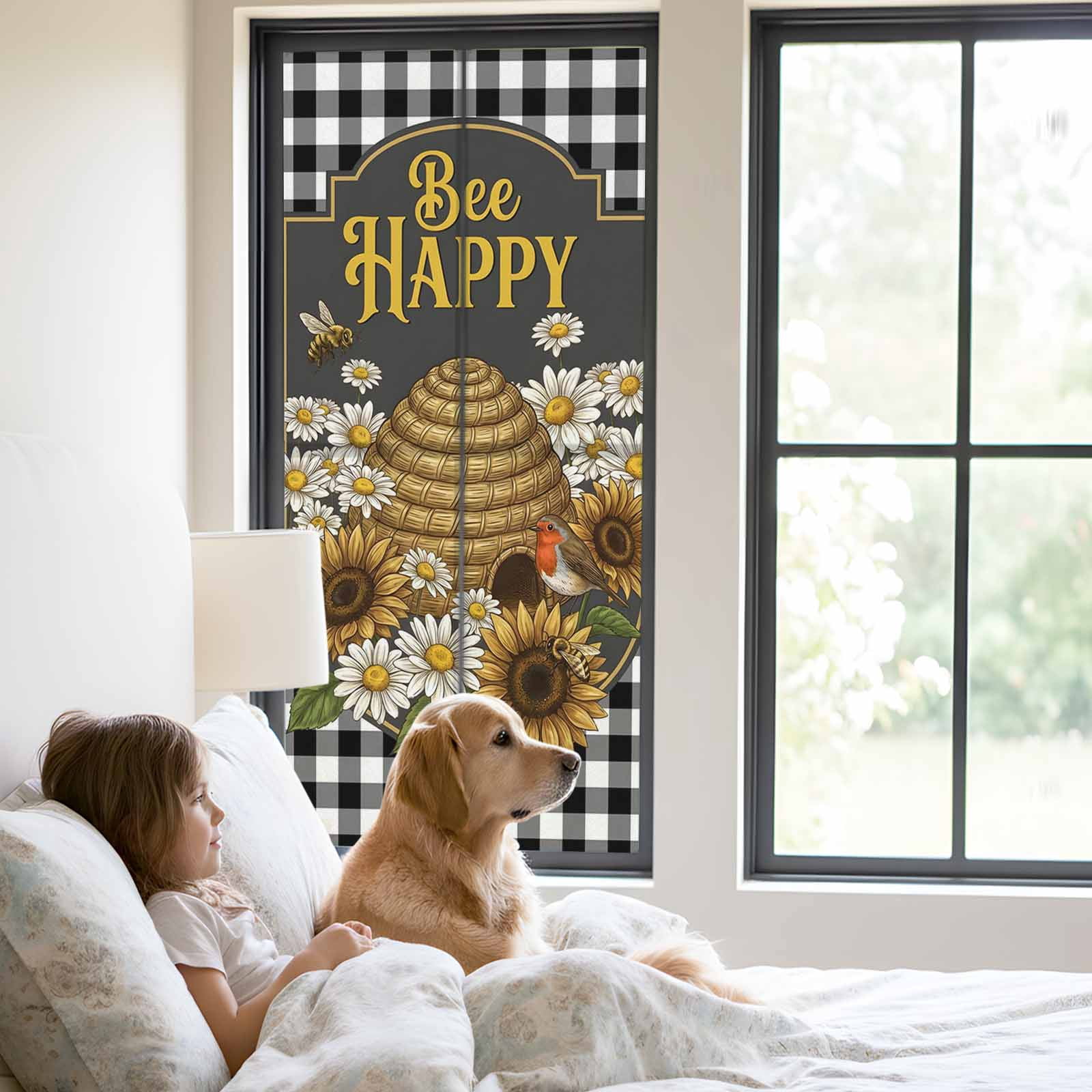 Happy Bee Window Privacy Film, Cartoon Bee Honeycomb White Daisy Black White Lattice Frame Frosted Glass Window Clings Static Cling UV Heat Blocking Reusable Door Sticker for Bathroom 23.6 x 59 Inch