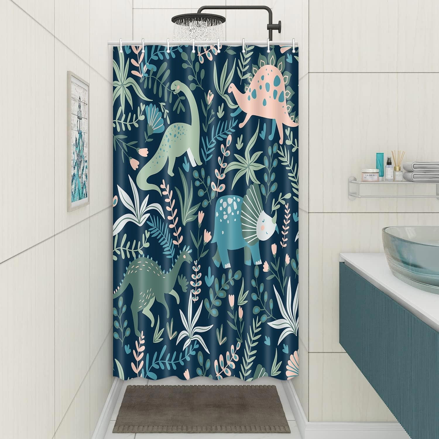 Kids Shower Curtains,Funny Dinosaur Shower Curtains, Cute Dinosaur for Boys Girls, Green Plant Leaf Flowers Colorful Bathroom Decor with Hooks Waterproof Fabric Polyester Bathtub Decorative