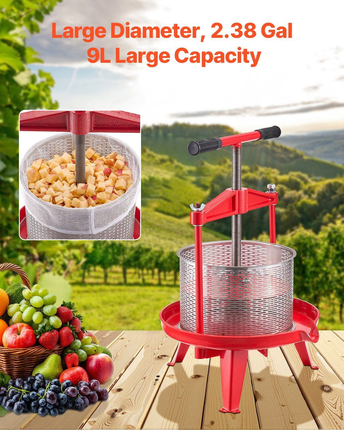 Manual Fruit Wine Press for Wine Making, 2.38 Gal/9L Stainless Steel Juice Extractor with Cast Iron Crossbeam, Large Capacity, T-Handle Spiral Press, Removable Basket, Ideal for Home, Farm, or Winery