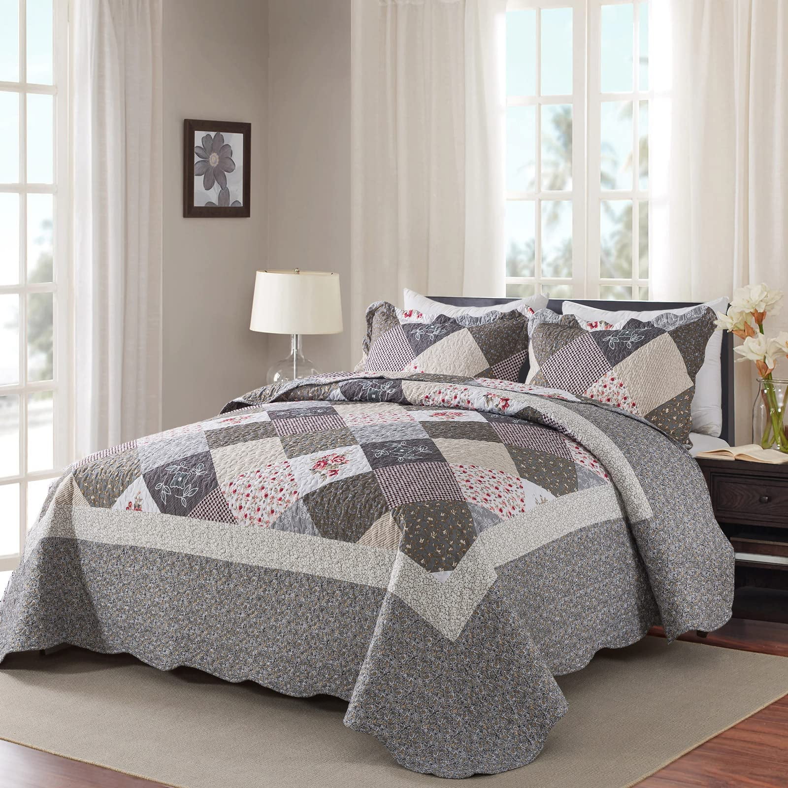 WannaToo Quilt Set 3 Piece Microfiber Quilts Reversible Bedspreads Patchwork Coverlets Floral Bedding Set All Season, Grey Border, Queen size