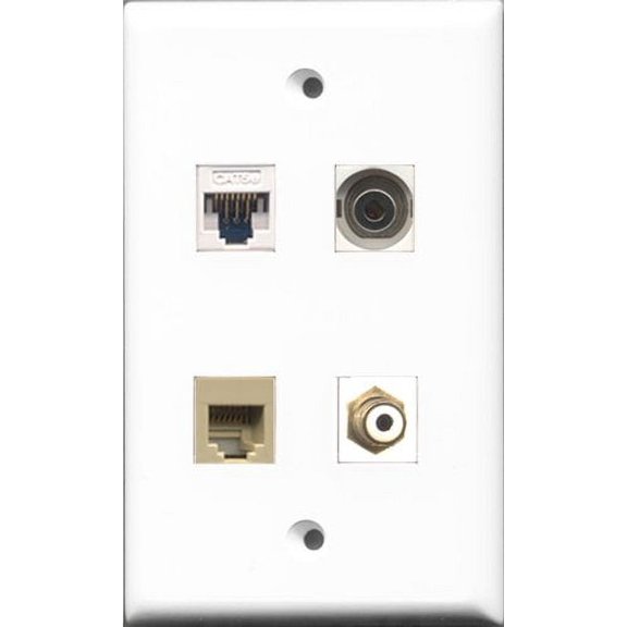 RiteAV - 1 Port RCA White and 1 Port Phone RJ11 RJ12 Beige and 1 Port 3.5mm and 1 Port Cat5e Ethernet White Wall Plate