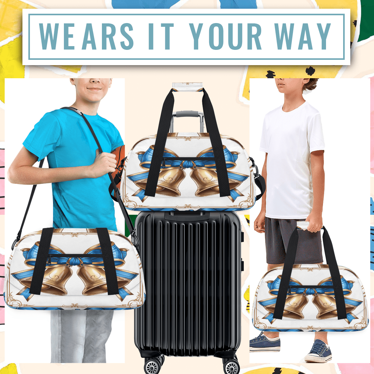 Herdesigns Xmas Bells Sports Duffle Bag for Women & Men, Christmas Gym Bag Dance Bag Overnight Bag Carry On Weekender Travel Bag