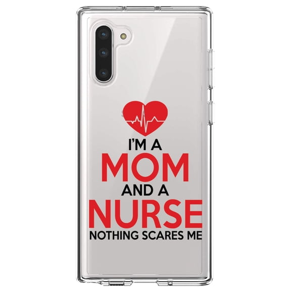 DistinctInk Clear Shockproof Hybrid Case for Samsung Galaxy Note 10 (6.3" Screen) - TPU Bumper Acrylic Back Tempered Glass Screen Protector - Mom and a Nurse Nothing Scares Me