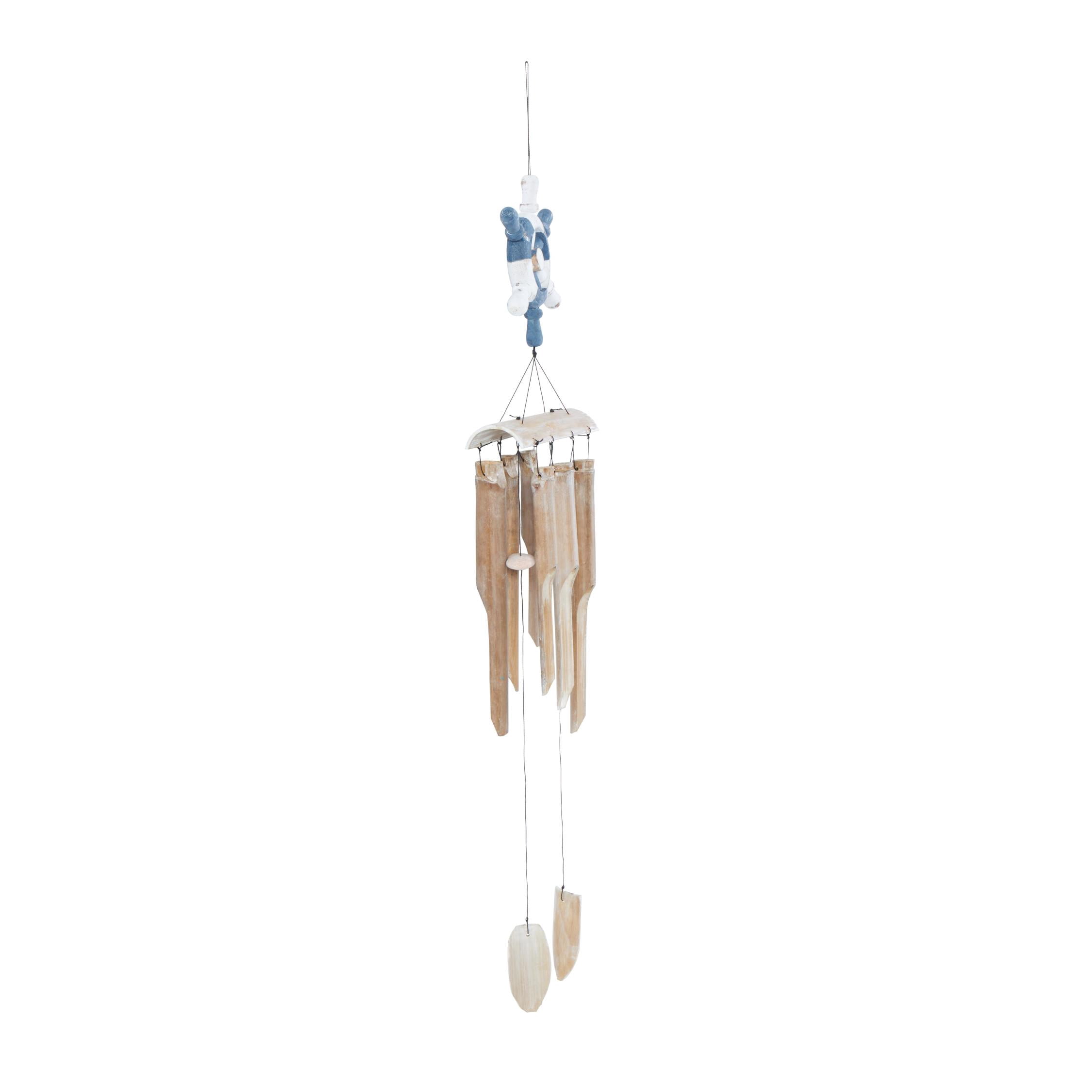 DecMode 36" Blue Bamboo Wood Handmade Ship Wheel Windchime with Log Chimes