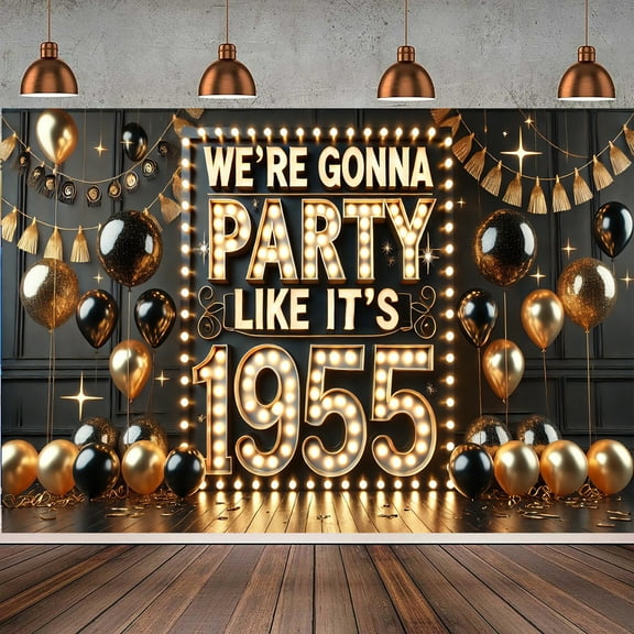 Cheer to 70th Birthday Backdrop We're Gonna Party Like It's 1955 Birthday Photography Background Vintage 1955 Golden Glitter 70 Years Old Birthday Party Decorations Banner Supplies Photo Booth Props