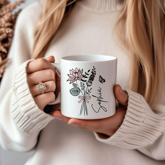 Custom Coquette Birth Flower Mug, Personalized Floral Coffee Mug, Gift For Mom, Gift For Daughter, Gifts Under 20, Custom Gift, Ceramic Mug 11Oz